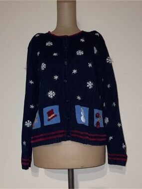 Christopher & Banks Navy Snowflake Cardigan with Red Trim